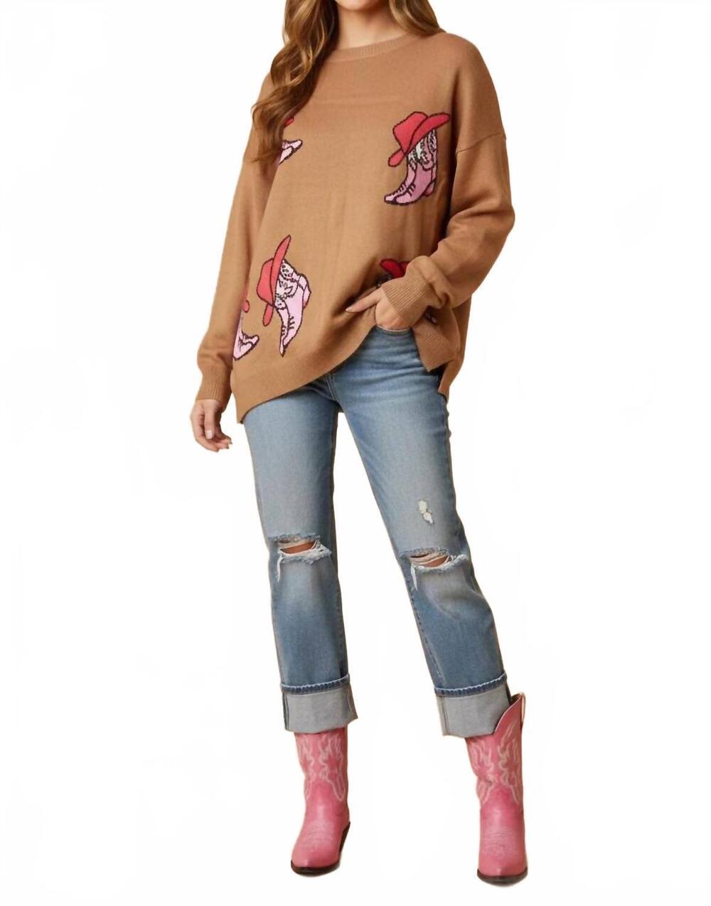 NEW SHE + SKY women's pullover cowboy boots print sweater in caramel